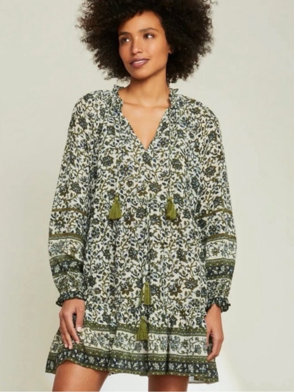 Veronica Beard Olive Green and Cream Floral Tassel Dress XS